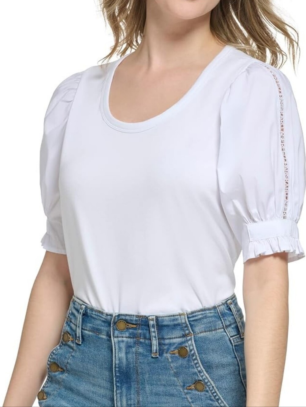 NWT Karl Lagerfeld White Puff-Sleeve Crewneck Top